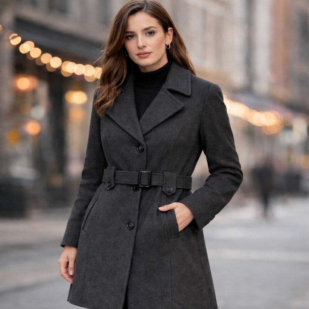 Wool Cashmere Coat Women Size 12 Belted Long Minimalist DKNY Work Quiet Luxury
